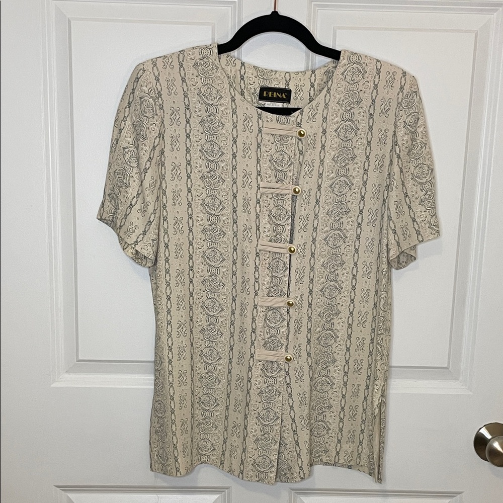 Vintage Reina Frog Button Mandarin Collar Blouse Petite Cream 80s/90s Top EUC